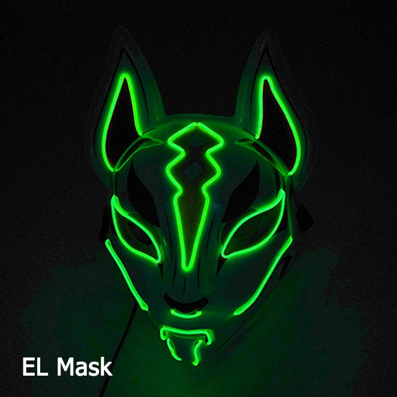 LED Fox Mask Neon Light Up Japanese Kitsune Mask for Halloween Cosplay Party Rave Festival Costume Glowing EL Wire Masque
