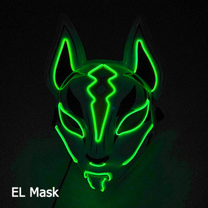 LED Fox Mask Neon Light Up Japanese Kitsune Mask for Halloween Cosplay Party Rave Festival Costume Glowing EL Wire Masque
