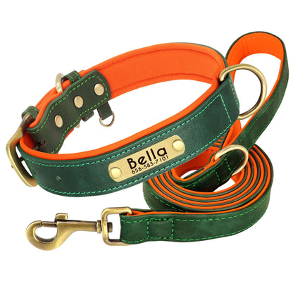 Conjunto Personalizado de Coleira e Guia de Couro para Cães Coleira de Couro Acolchoada Macia para Cães de Pequeno, Médio e Grande Porte com Placa de Identificação Grátis