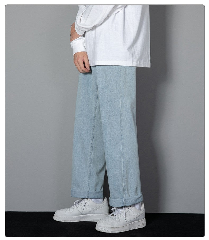 2025 Calças Jeans Casuais Masculinas Coreanas Novas Retas Longas Perna Larga Jeans Cor Sólida Azul Claro Cinza Preto