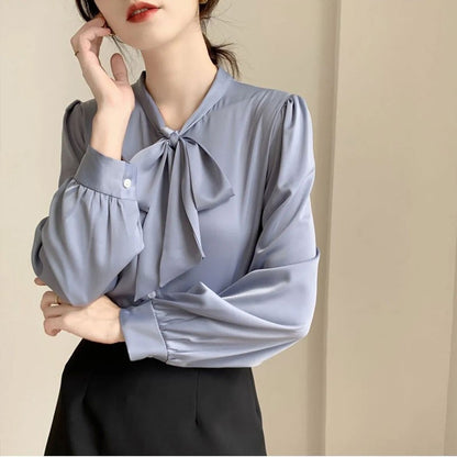 Bow Tie Chiffon Shirts Casual Long Sleeve White Blouse Women's Elegant Business Loose Blouses Ladies Spring and Autumn Chic Tops