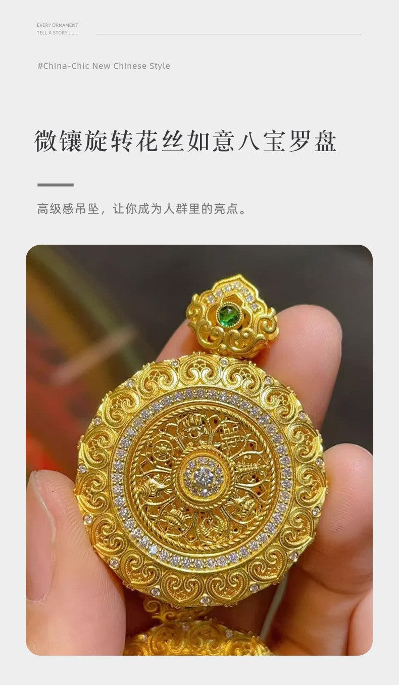 Gold shop 9999 24K real gold Chinese large rotating filigree Ruyi dot diamond eight treasure compass pendant weaving rope