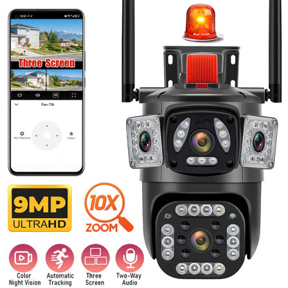 9MP 8K WiFi Camera Outdoor 10X Zoom Three Lens Dual Screen PTZ Waterproof Surveillance Security Video Street Camera