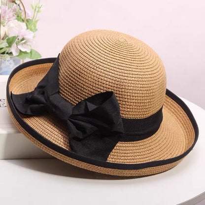 Chapéu de palha feminino de verão, edição coreana, com aba enrolada, elegante, com laço, chapéu de pesca para viagem, proteção solar e sombreamento, chapéu de praia