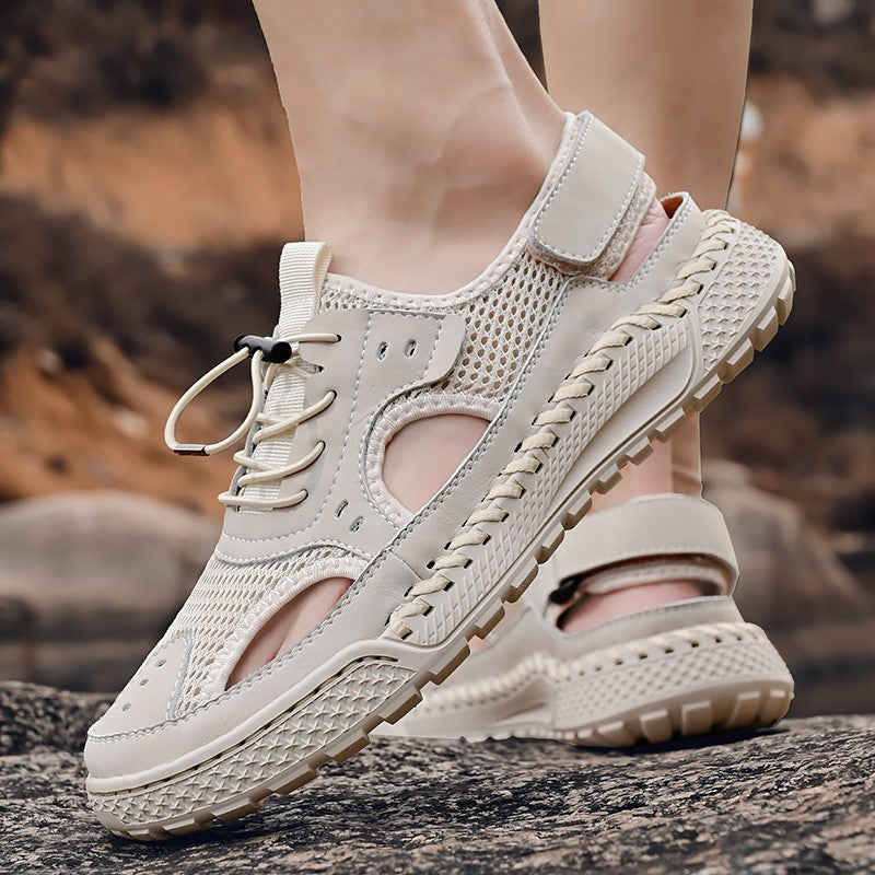 Sandals men's tide summer new style leather toe cap outdoor leisure sports hollow sandals beach shoes Handmade mesh men shoes