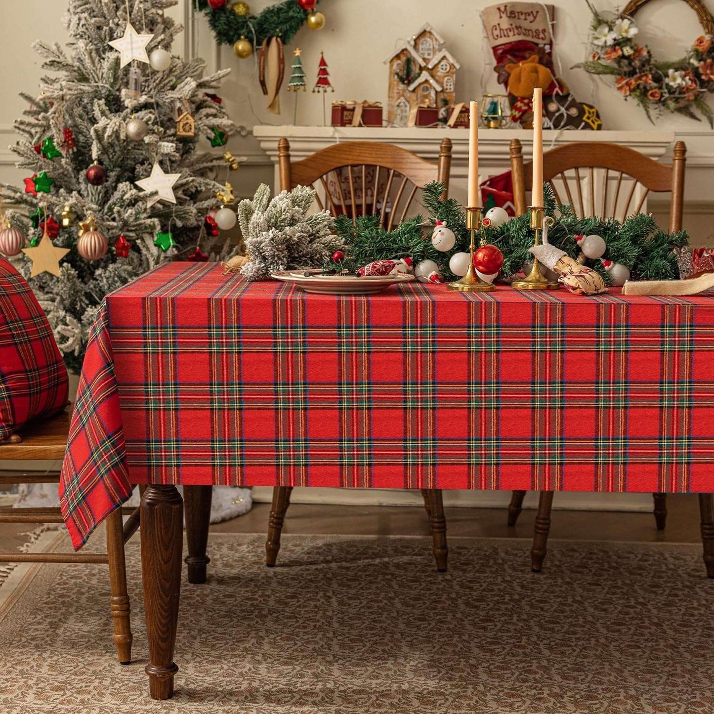 1pc Christmas Checkered Tablecloth Rectangle - Red Buffalo Plaid Cotton Gingham Xmas Table Cloths, Winter Farmhouse Table