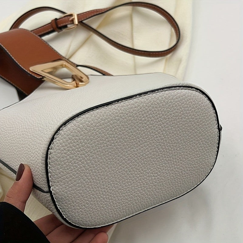 French-Inspired Elegant Beige Bucket Bag. Large Capacity, Golden Lock & Adjustable Strap. Perfect for Work, Travel & Daily Use.