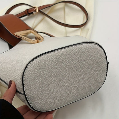 French-Inspired Elegant Beige Bucket Bag. Large Capacity, Golden Lock & Adjustable Strap. Perfect for Work, Travel & Daily Use.