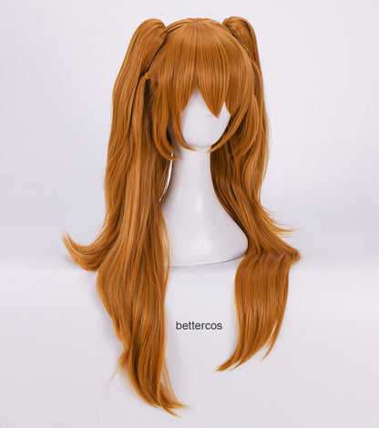 Perucas de Cosplay de Alta Qualidade EVA Asuka Langley Soryu Laranja Longa com 2 Grampos de Rabo de Cavalo Peruca de Cabelo Sintético Resistente ao Calor + Touca de Peruca