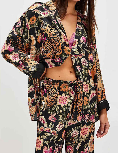 Women Satin Pajamas Set 2 Piece Western Cowgirl Silk Pjs Wide Leg Pants Button Down Loungewear