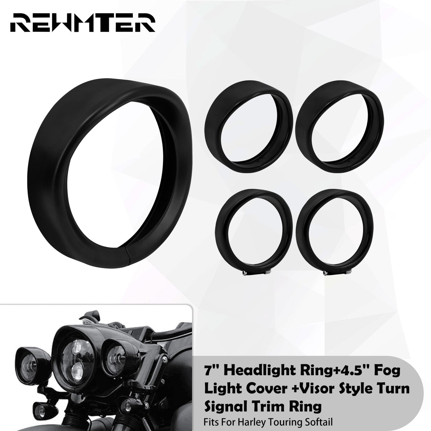 Anel de Acabamento do Farol de 7'' para Motocicleta + Capa de Luz de Neblina de 4.5'' + Anel de Acabamento do Pisca Estilo Visor para Harley Touring Road King Softail