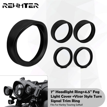 Anel de Acabamento do Farol de 7'' para Motocicleta + Capa de Luz de Neblina de 4.5'' + Anel de Acabamento do Pisca Estilo Visor para Harley Touring Road King Softail