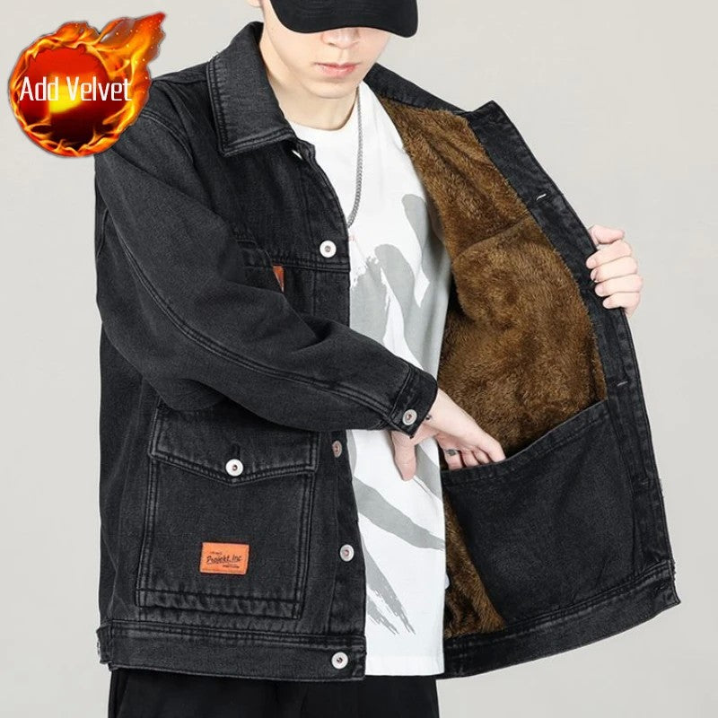 Jeans Coat for Men Padded Wool Denim Jackets Man with Sheep Wide Sleeves Black Warm Padding Original Cowboy New in Big Size G L