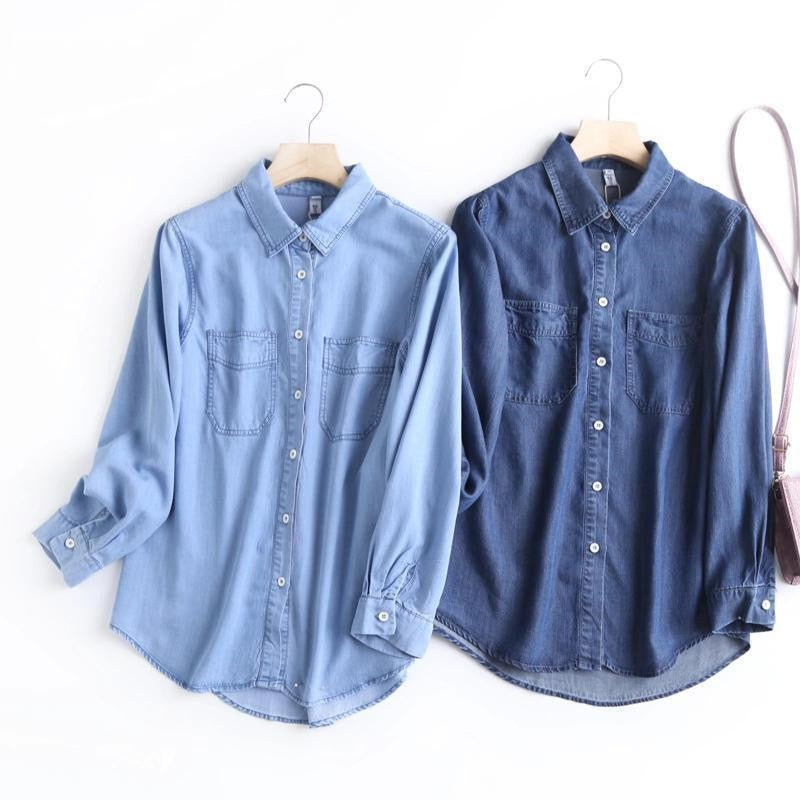 Autumn 2025 New Denim Shirts And Blouse For Women Korean Style Long Sleeve Top Blue Or Sky Blue Color Jeans Elegant Blouses