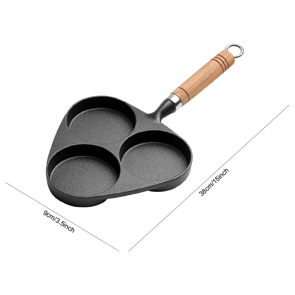 Frigideira de Ferro Fundido para Ovo Frito com Cabo de Madeira 3 Furos, Panela Antiaderente para Panquecas e Ovos, Grelhador de Pequeno-Almoço