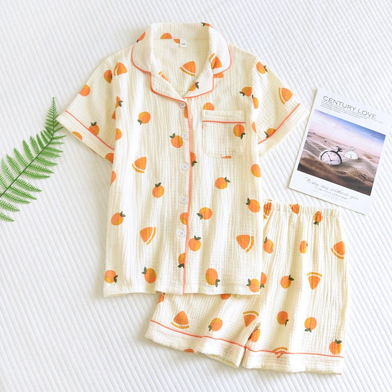 New summer women's cotton crepe three-piece short sleeve + shorts + trousers large size simple flower pajamas home service suit