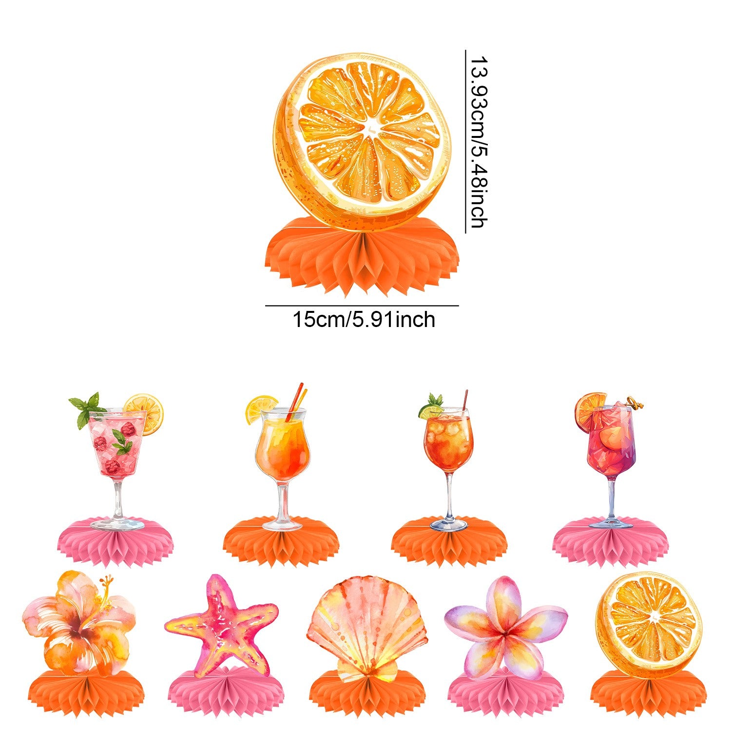 Orange Hawaiian Luau Flowers Lemon Citrus Garland Banner Tropical Aperol Spritz Cocktail Beach Bar Honeycomb ornament Decor