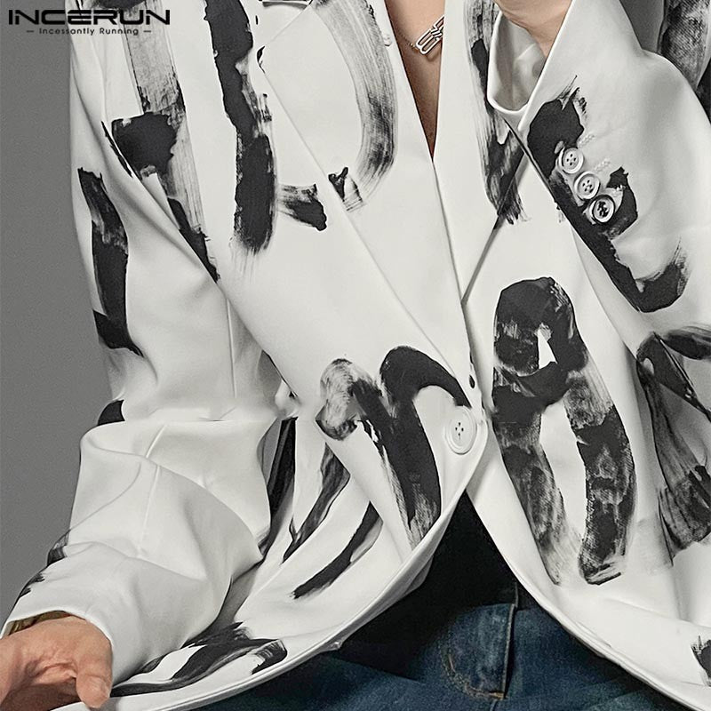 Fashion Casual Style Tops INCERUN Handsome Men's Art Hand-painted Letter Suit Coat Streetwear Male All-match Long Sleeved Blazer