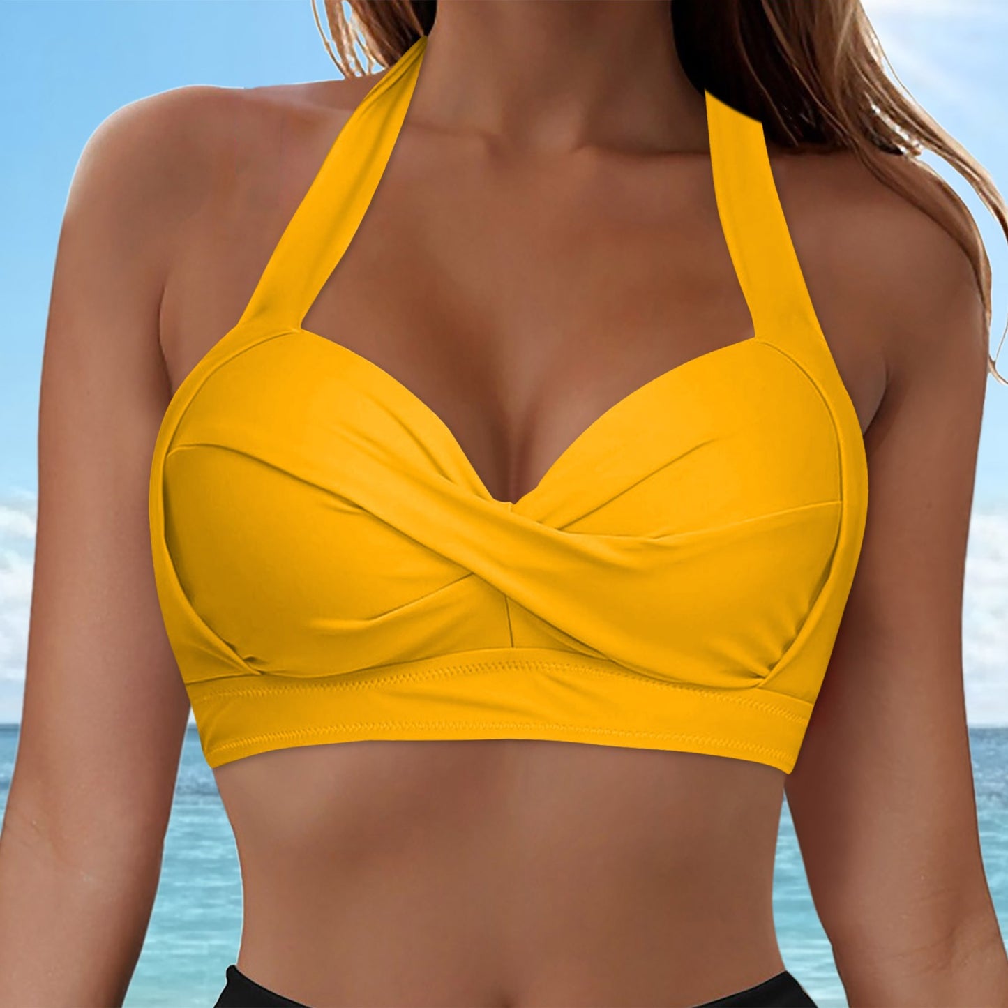 Halter Neck Push Up Bikinis Tops Women 2025 New Chest Padded Solid Swimwears Bikinis Top For Women Summer Beach Bathing Suit