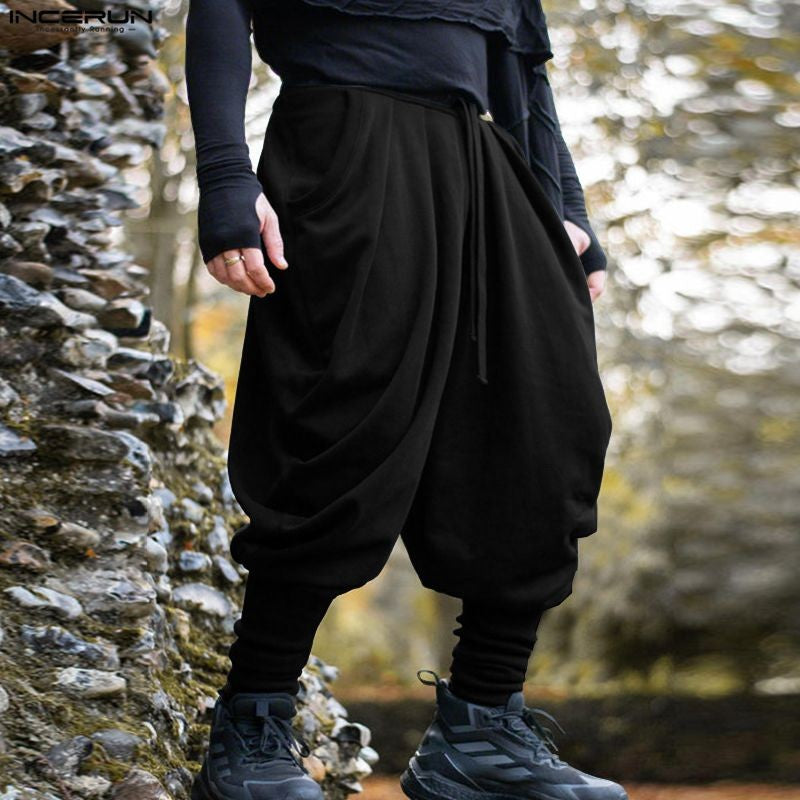 INCERUN Men Pants Solid Color Drawstring Joggers Casual Male Harem Pants Streetwear Loose Fashion Leisure Trousers Men S-5XL