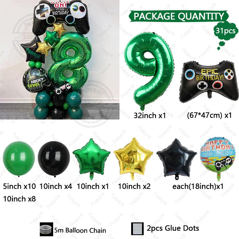 31pcs Gamepad Theme Balloon Green Number Birthday Balloon Set Game Theme Party Decoration Birthday Surprise Gifts
