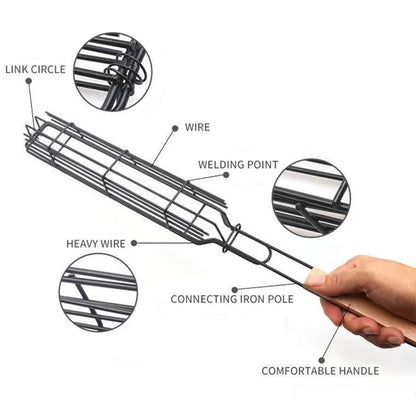 Stainless Steel Barbecue Grill Cage with Wooden Handle Picnic Kitchen Tools BBQ Basket for Fish Shrimp Vegetables Hot Dog