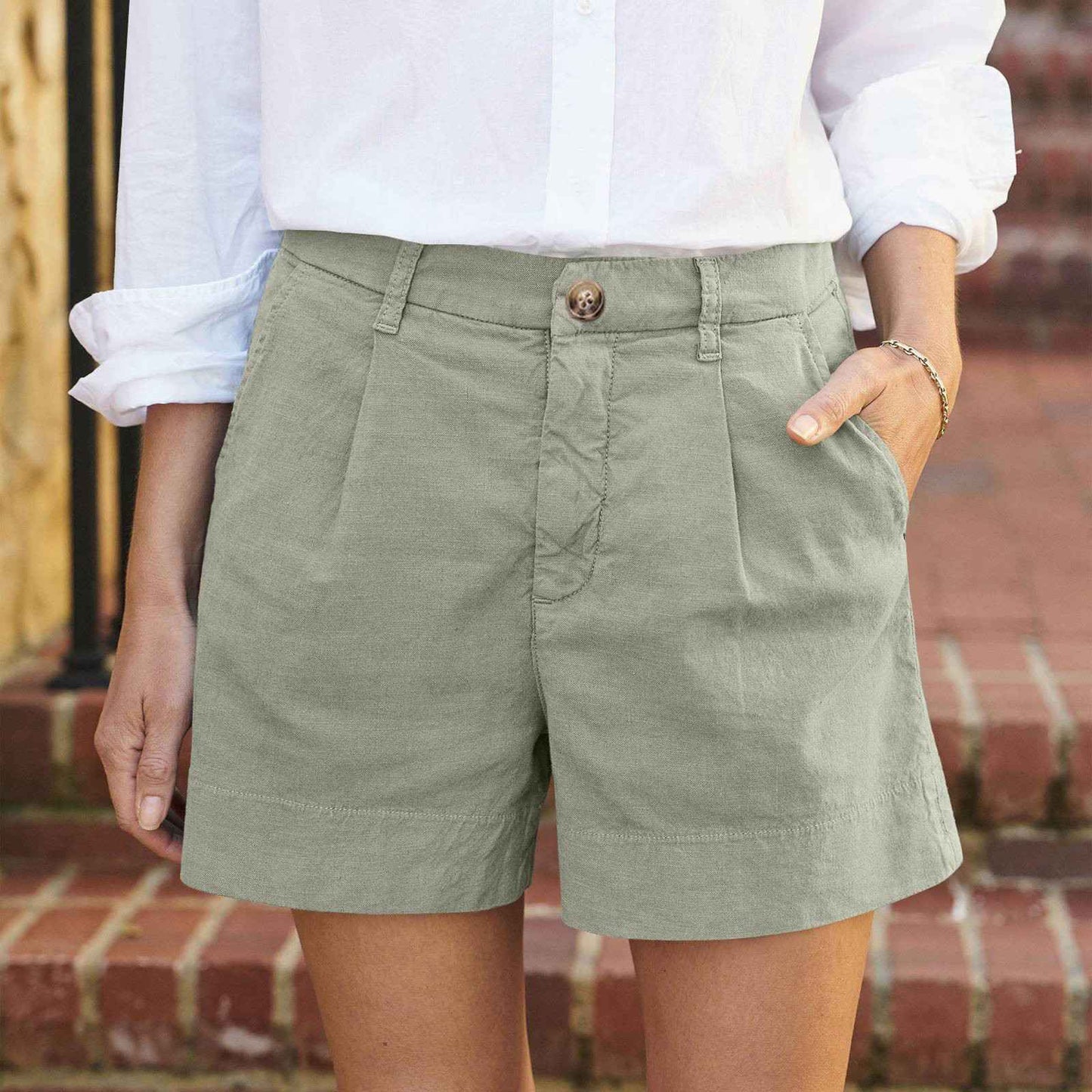 Cotton Linen Solid Shorts For Women Button High Waist Summer Loose Casual Pockets Shorts Female Pants Women Clothing