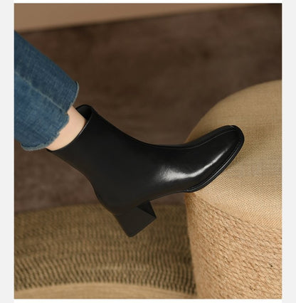 2025 Ankle Boots for Women Leather Square Toe Side Zipper Retro Style Chunky Heels Women Boots Fashion Short Boots Women  D263