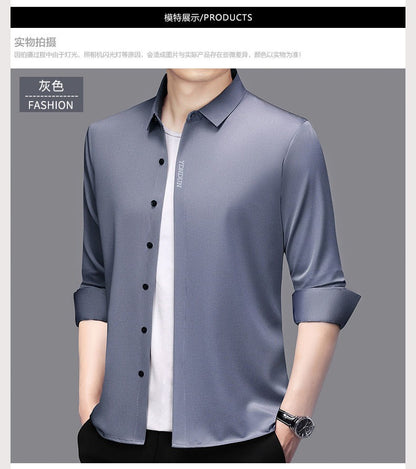 High End  Mulberry Silk Men Business Shirt Long Sleeve  Button Invisible Elastic Tops Wrinkle Resistant  Luxurious Men Shirt