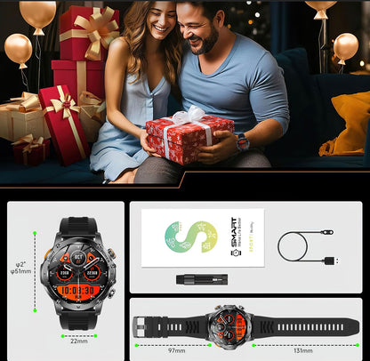 Smartwatch Militar Novo 2025 Bateria 1000mAh Monitoramento Fitness 10ATM À Prova D'Água Táticas Esportivas Lanterna Pulseira para Chamadas Masculino