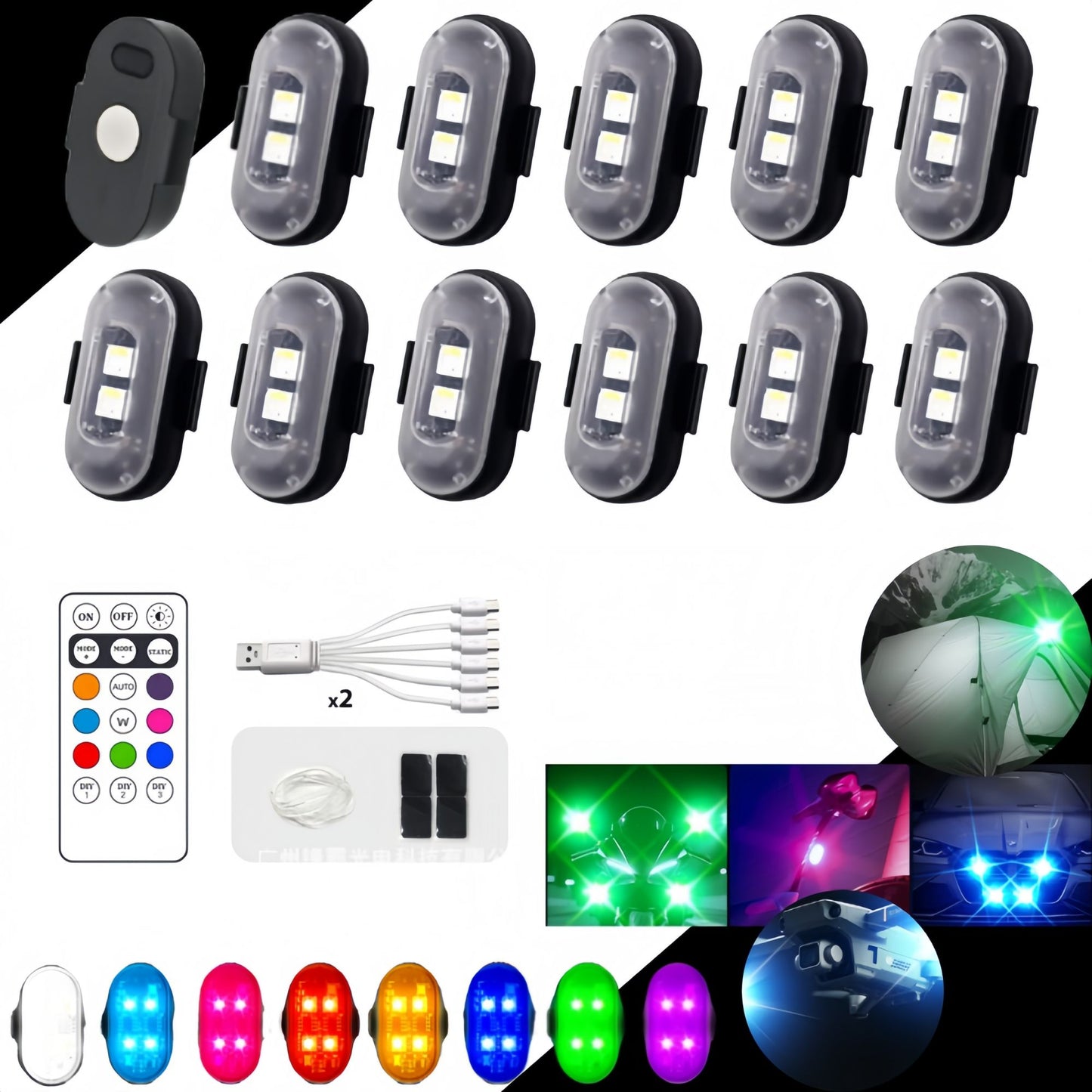 Wireless Remote LED Strobe Light 8 Colors USB Rechargeable Car Motorcycle Bike Aircraft Warning Anti-collision Flashing Lamp