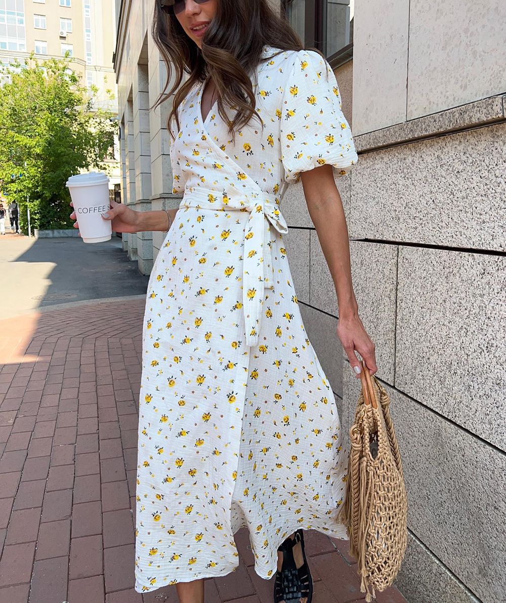 Casual Women's Summer Dresses 100% Cotton Floral Print A-line Midi Dress with Si