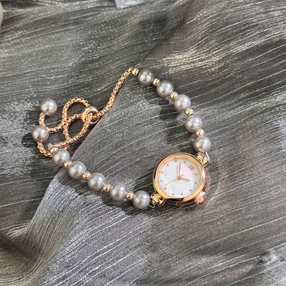French Romantic Pearl Pull Cord Handheld Watch Elegant Small Fashion Bracelet Quartz Wristwatch Stylish Portable Timepiece