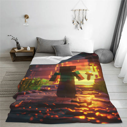 Cartoon Mines Pixel Game Crafts Flannel Blanket Super Warm Throw Blanket for Home Decor Decorative Street Trend Bedspread