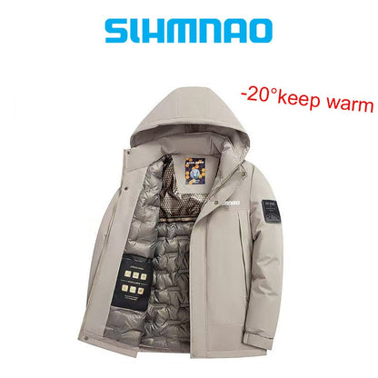 Conjunto de Terno de Pesca Masculino de Inverno 2025, Novo, Quente, Jaqueta Grossa Corta-Vento para Atividades ao Ar Livre, Calças de Algodão Quentes Resistentes ao Frio e à Neve