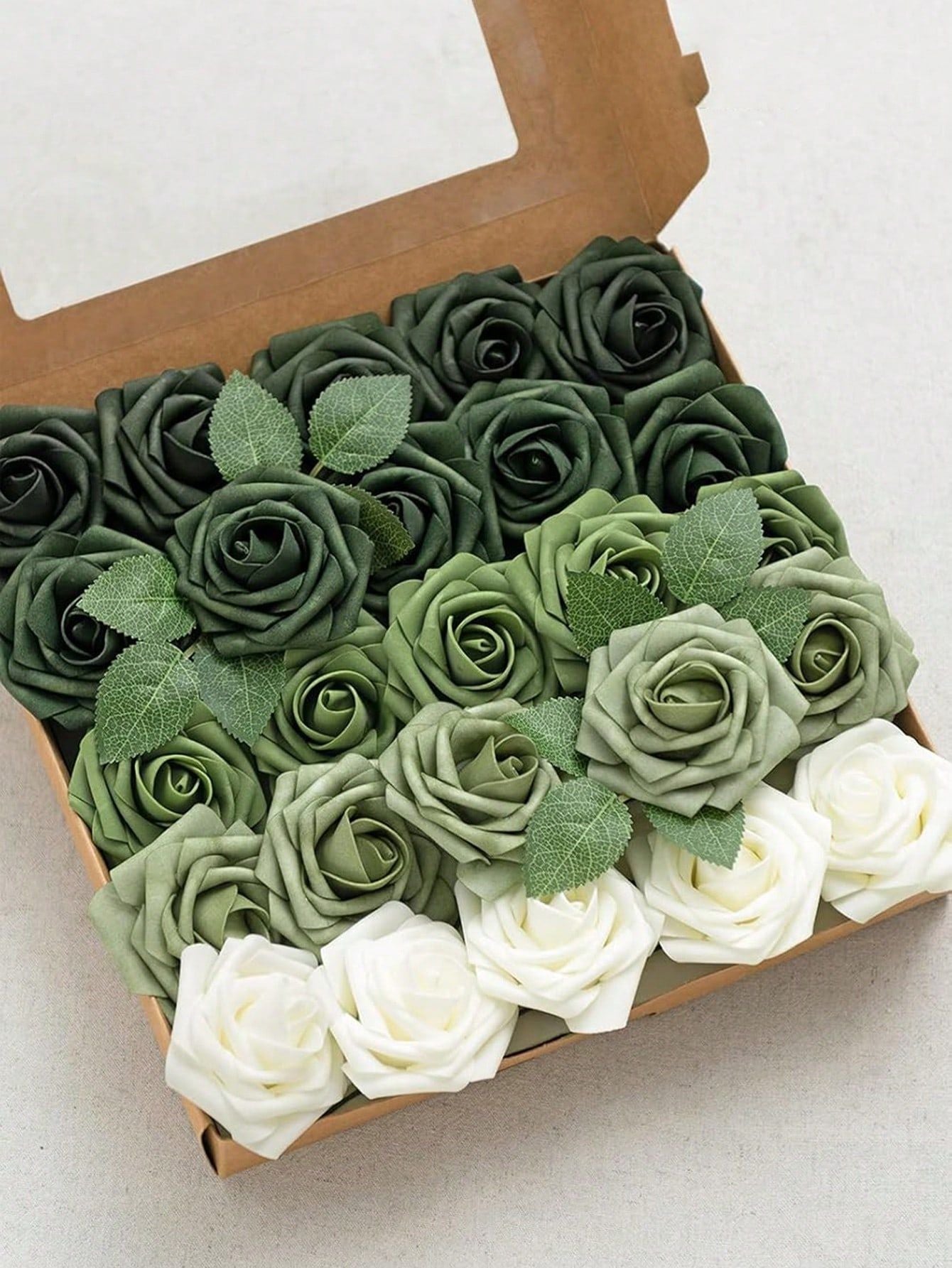 25pcs Artificial Roses, Green Gradient Artificial Rose Set - DIY Wedding Bouquet, Suitable For Wedding, Cake, Party Decoration