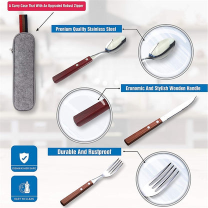 Utensílios de viagem de aço inoxidável com estojo Saudáveis e ecológicos Garfo e colher de tamanho normal Conjunto de talheres portáteis com bolsa de armazenamento
