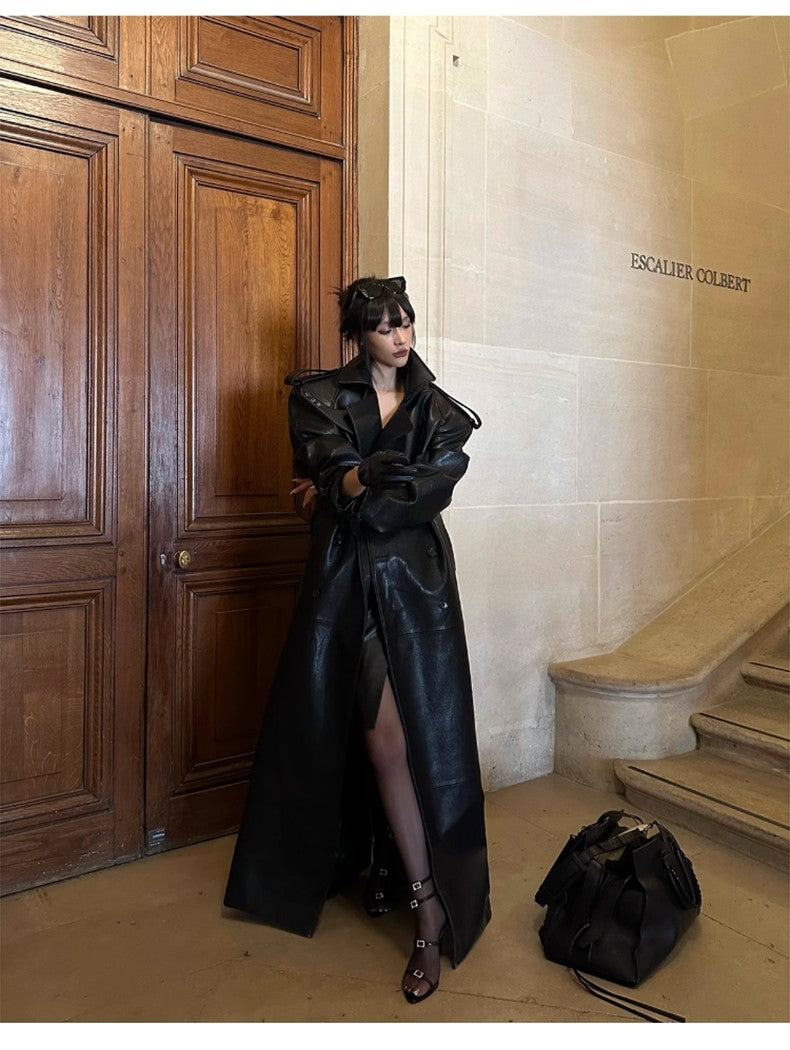 Lautaro Spring Autumn Extra Long Black Pu Leather Trench Coat for Women with Back High Slit Luxury Chic European Fashion 2024