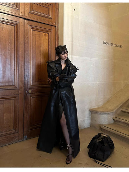 Lautaro Spring Autumn Extra Long Black Pu Leather Trench Coat for Women with Back High Slit Luxury Chic European Fashion 2024