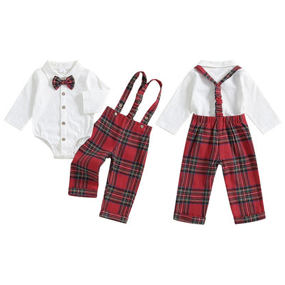 Baby Boy Gentleman Outfits Long Sleeve Lapel Romper + Plaid Suspender Pants + Bow Tie 3Pcs Sets Newborn Toddler Christmas Formal