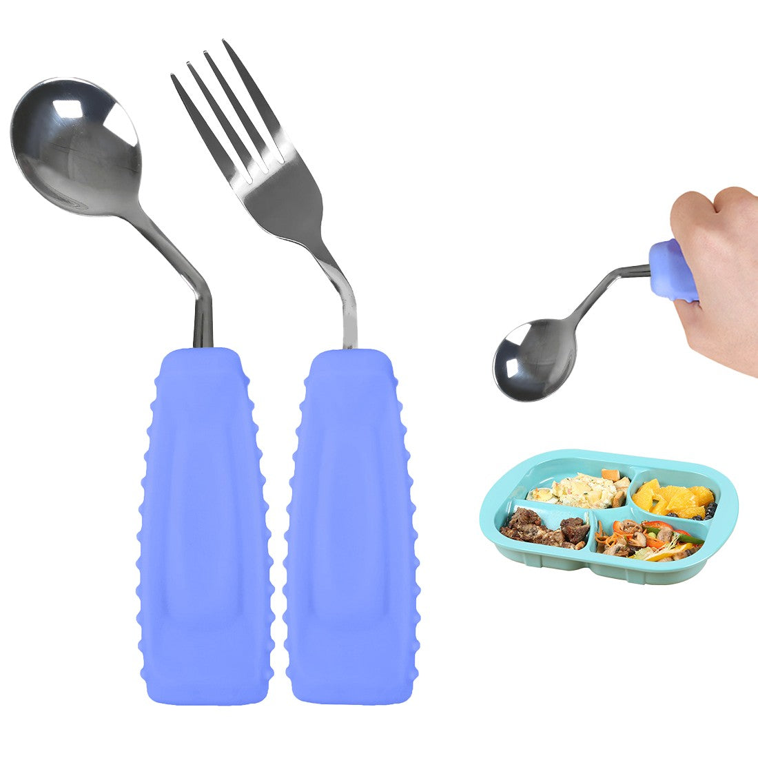 Ehucon Conjunto de Colher e Garfo Antiderrapante com Ângulo e Boca Pequena, Alças de Fácil Manuseio para Parkinson, Idosos, Tremores nas Mãos, Demência