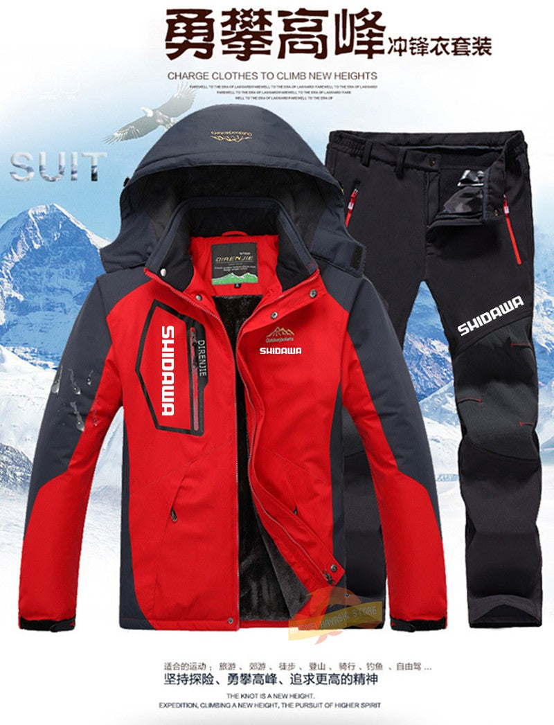 Traje de Pesca de Inverno Corta-Vento Impermeável Soft Shell Masculino Tamanhos Grandes com Capuz Acolchoado de Veludo Quente + Conjunto de Calças de Pesca para Caminhada