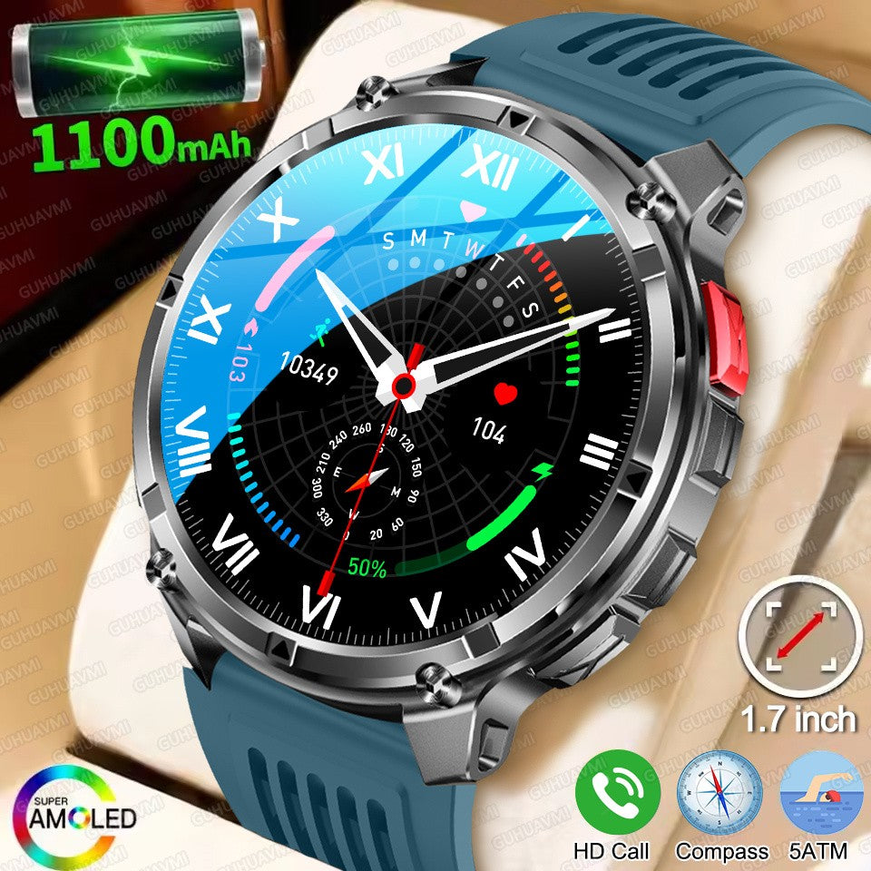Relógio Inteligente Militar com Bússola GPS Masculino Bateria 1100mAh Lanterna Frequência Cardíaca 100+ Modos Esportivos Chamada Bluetooth Smartwatch à Prova d'Água