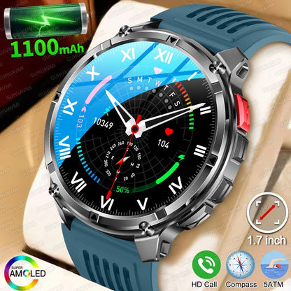 Relógio Inteligente Militar com Bússola GPS Masculino Bateria 1100mAh Lanterna Frequência Cardíaca 100+ Modos Esportivos Chamada Bluetooth Smartwatch à Prova d'Água