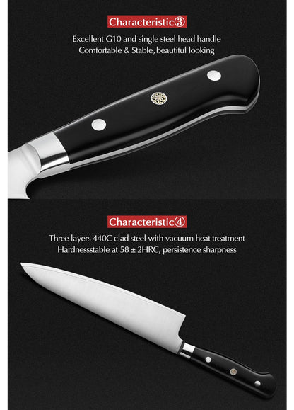 XINZUO 210mm Chef Knife 3 Layer 440C Core Clad Steel Kitchen Knives Stainless Steel Sharp Butchers Gyutou Knife with G10 Handle