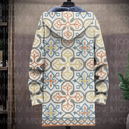 Men's Retro Flower Print Plush Thick Long-Sleeved Coat Fleece Hooded Overcoat Unisex Thick Warm Jacket-12 style