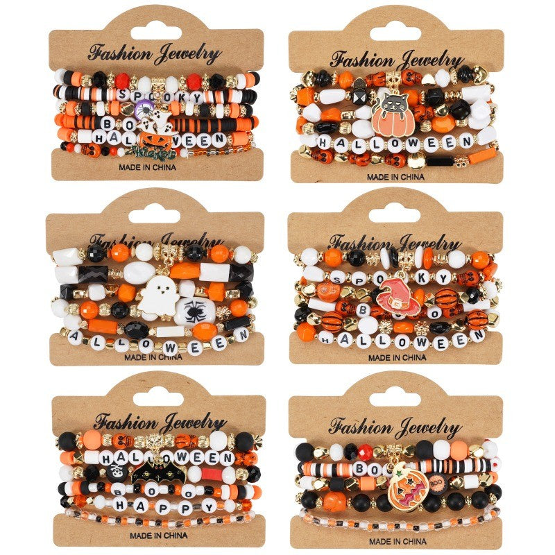 1/2pcs Halloween Bracelet Artificial Crystal Soft Ceramic Bead Bracelet Pumpkin Ghost Bat Hat Pendant Party Bracelet
