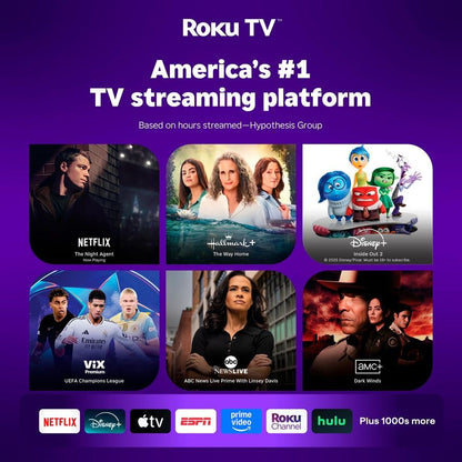 Projetor Smart Roku TV com Wi-Fi e Bluetooth, experiência de streaming Roku integrada, Full HD 1080P, áudio Dolby, foco automático e correcção keystone.