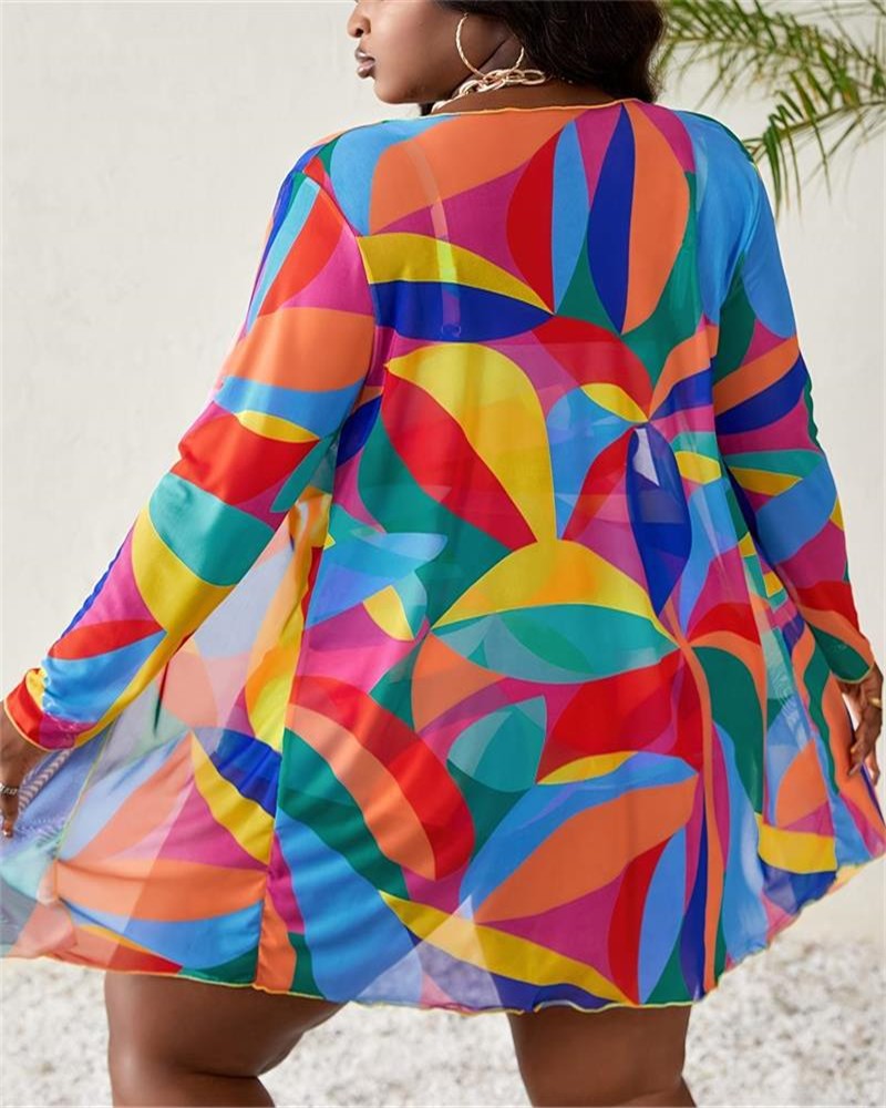 VigoBreviya 2025 Print 3 Piece Plus Size Mesh Cove Up Bikini Set Women High Waist Curvy Swimsuit Beach Lady Big Bathing Suit