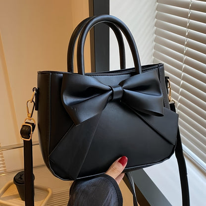 Elegant Black Bow Decorative Handbag Shoulder Crossbody Bag with Golden Hardware and Detachable Horizontal Strap, Stylish Daily